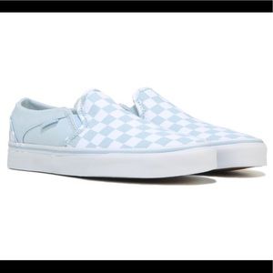 Light blue checkered slip on vans